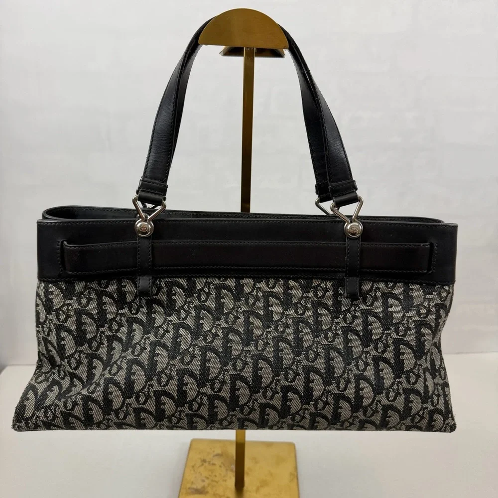 Christian Dior Trotter Canvas Logo Tote Bag Black Leather Trim‎ Vintage